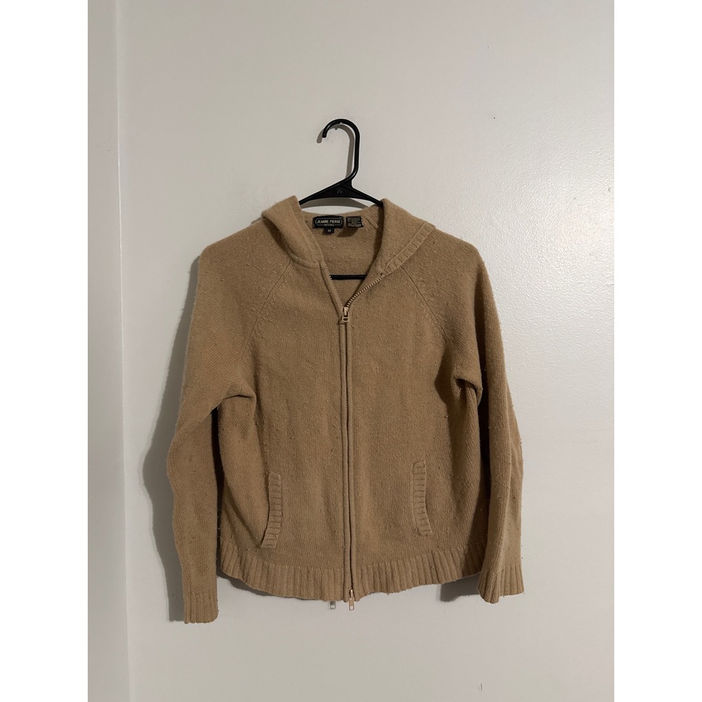 Jeanne Pierre Petites Lambswool Angora Zip Up Hooded Sweater Tan M